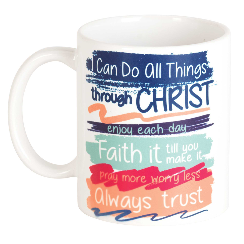 White ceramic mug with “I can do all things through Christ” multicolor print, 11oz