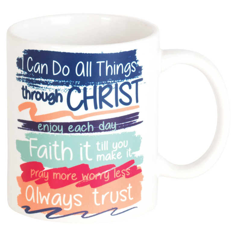 White ceramic mug with multicolor “through Christ” lettering, 11oz, front view with handle