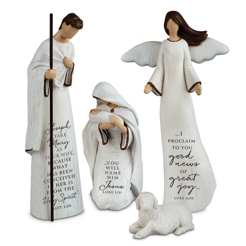 Four-piece nativity figurines: white-robed angel with wings, kneeling figure, baby