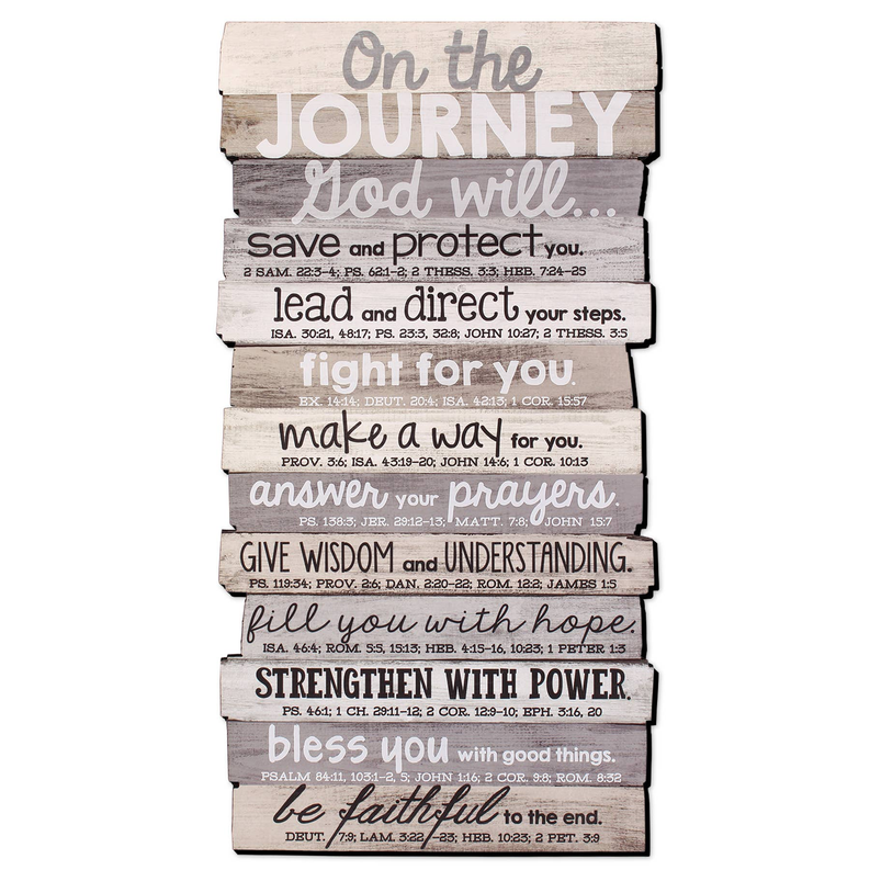 Stacked wood wall plaque with layered script and inspirational Bible verse lettering