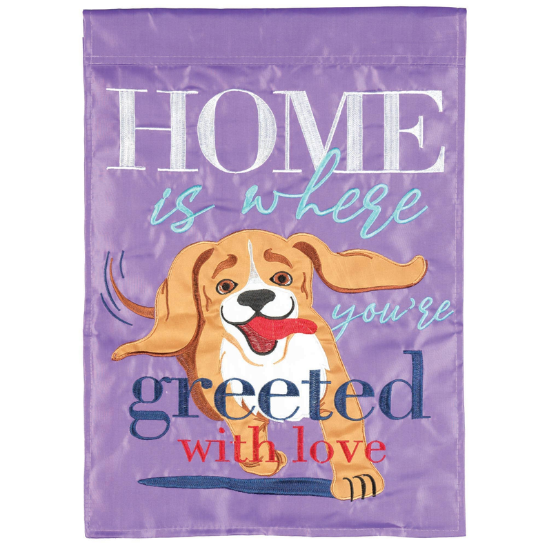 Purple welcome dog garden flag with 'HOME' and 'greeted with love' text