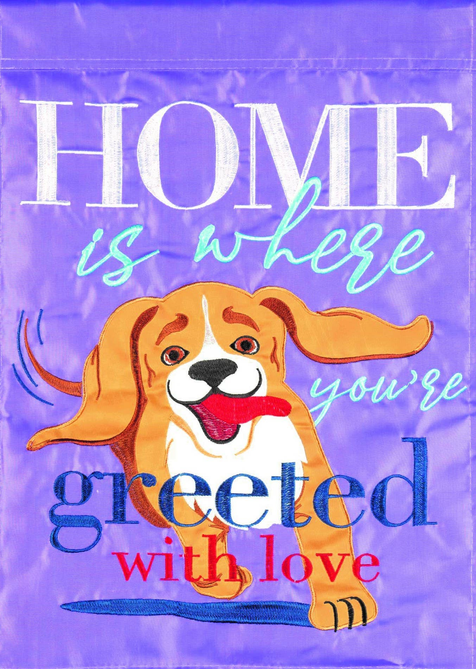 Purple dog garden flag showing 'HOME is where you're greeted with love' wording