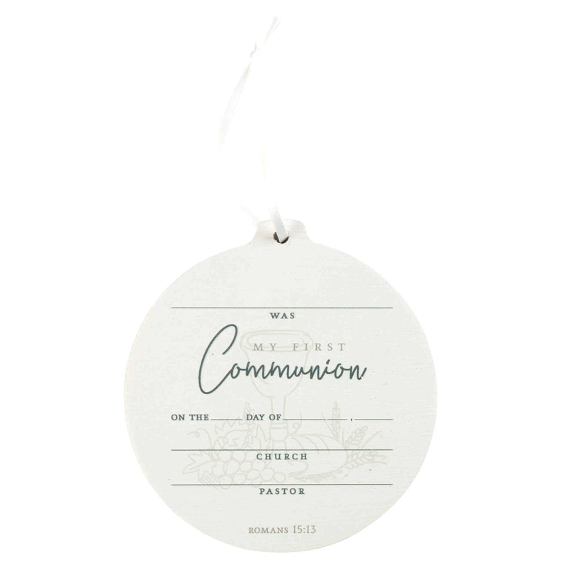 White MDF first communion keepsake ornament with printed church, cross, and scripture text