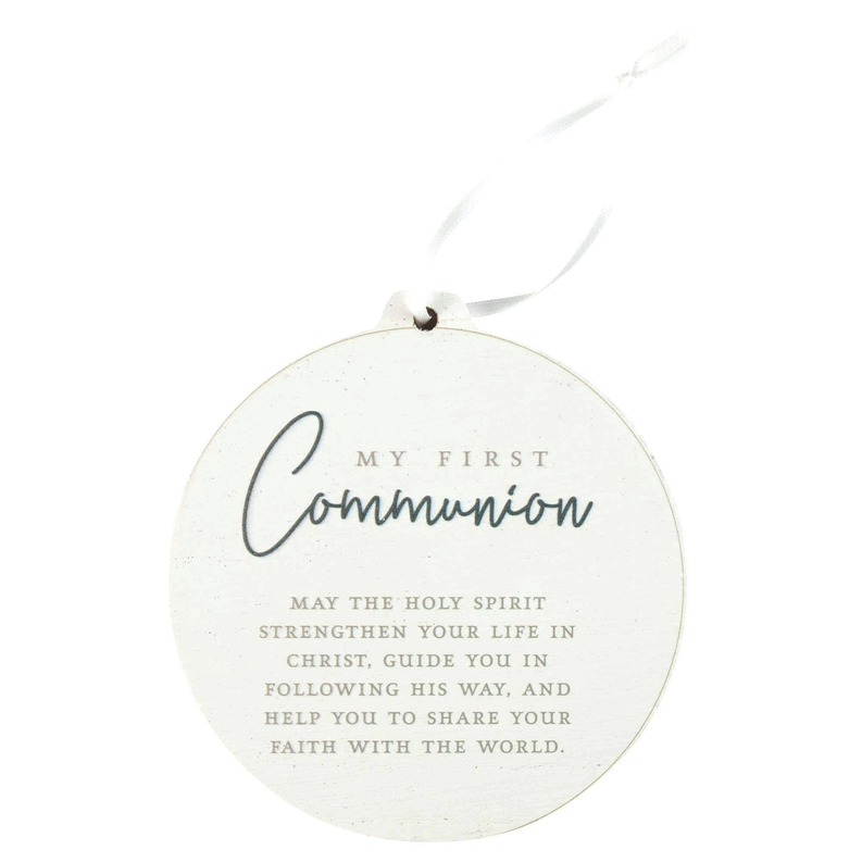 White MDF first communion keepsake ornament with printed prayer text and cross