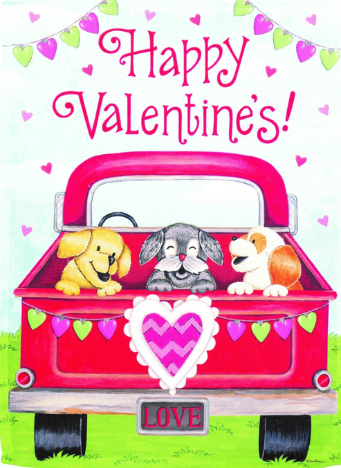 Happy Valentine’s truck garden flag with red pickup and pets, heart emblem, LOVE sign