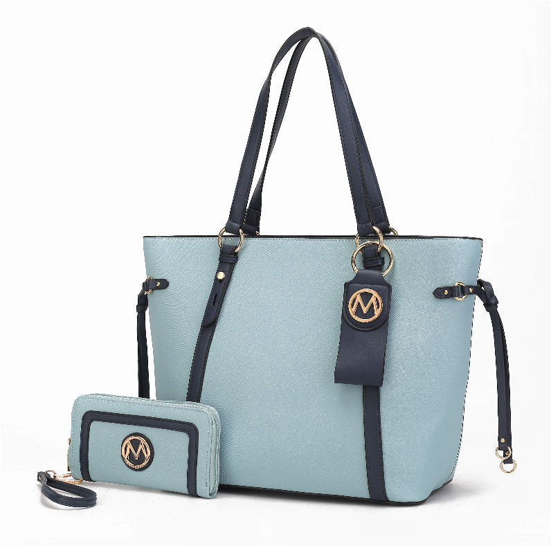 Light blue tote bag with detachable wallet and key ring, top handles and shoulder strap