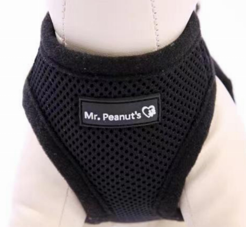 Black step-in soft mesh dog harness vest with Mr. Peanut's logo patch