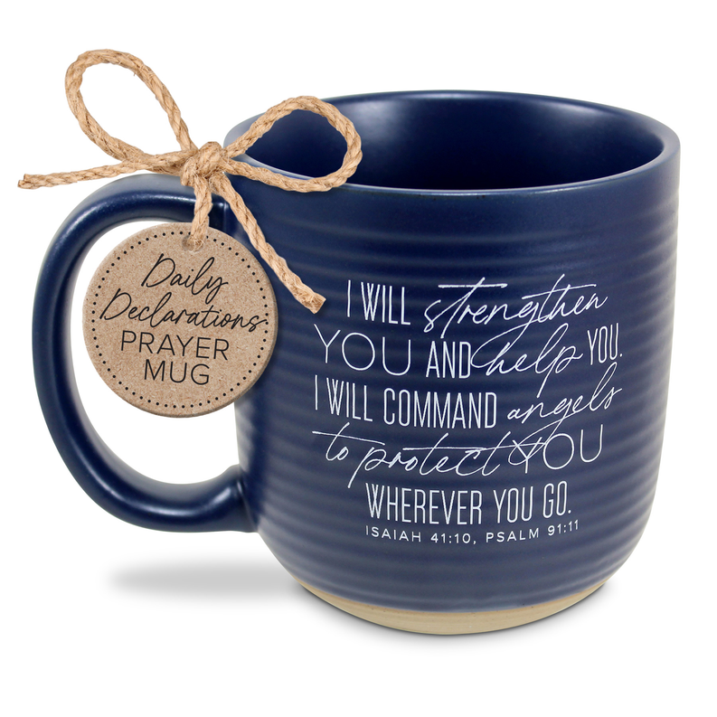 20 oz blue ceramic coffee mug with handle, prayer quote, and hanging tag