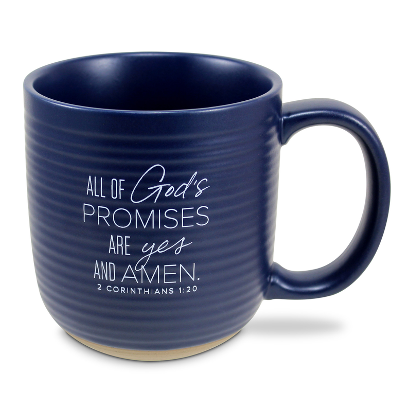 20 oz blue ceramic coffee mug with handle and quote: 'God's promises are yes'