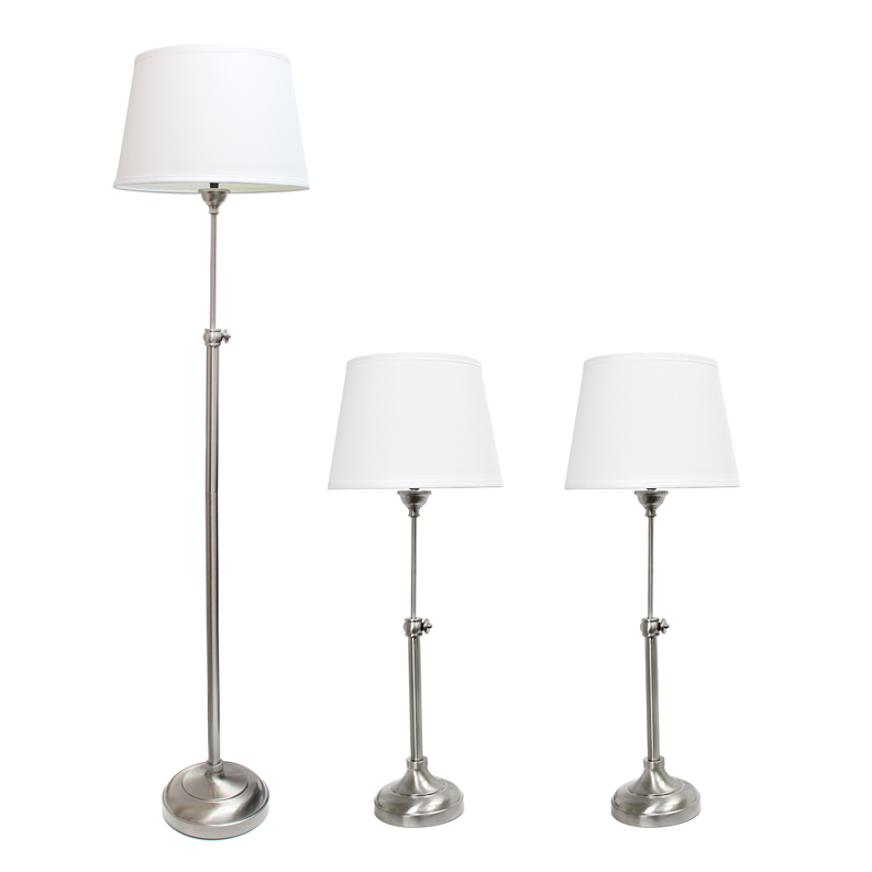 Modern lamp set with one tall floor lamp and two matching table lamps, white shades, metal bases