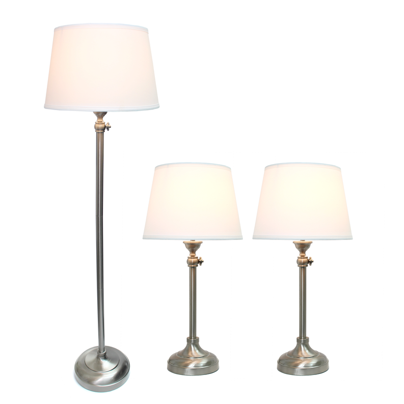 Modern lamp set: floor lamp plus two table lamps, white shades, brushed metal bases