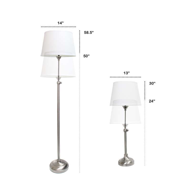Lamp dimensions: floor lamp and two table lamps with white shades and metal bases