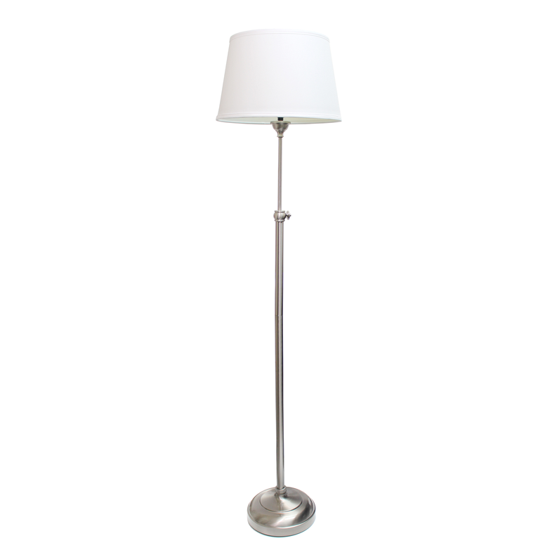 Modern floor lamp with white shade and brushed metal base, straight metal pole