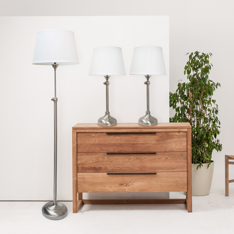 Lamp set featuring one floor lamp and two table lamps, white shades, brushed metal stands