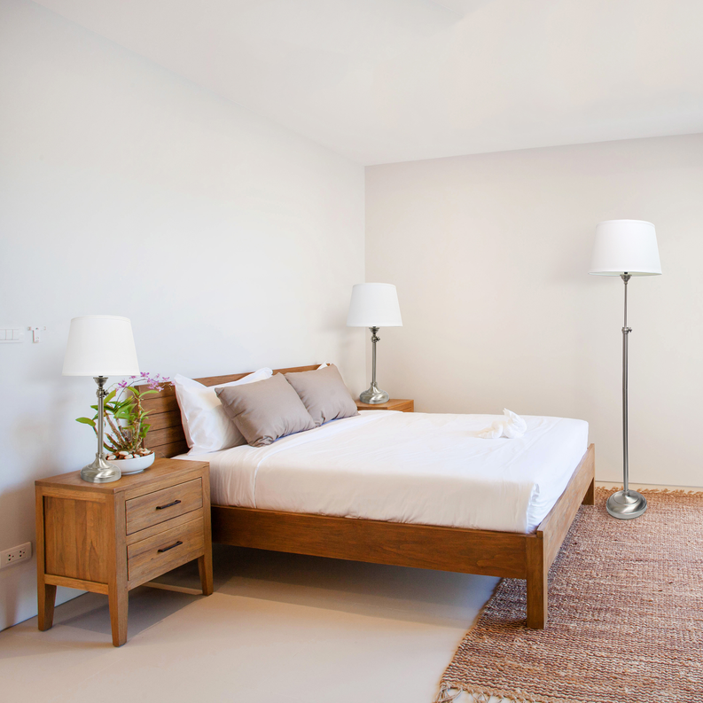 Lamp set with one floor lamp and two table lamps, white shades, metal bases