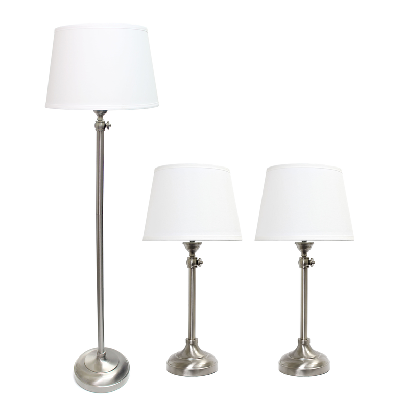 Modern lamp set: tall floor lamp with white shade and two table lamps with white shades, metal bases