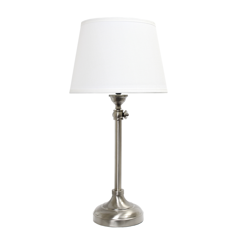 Modern floor lamp with white fabric shade and brushed metal base, slender metal stem