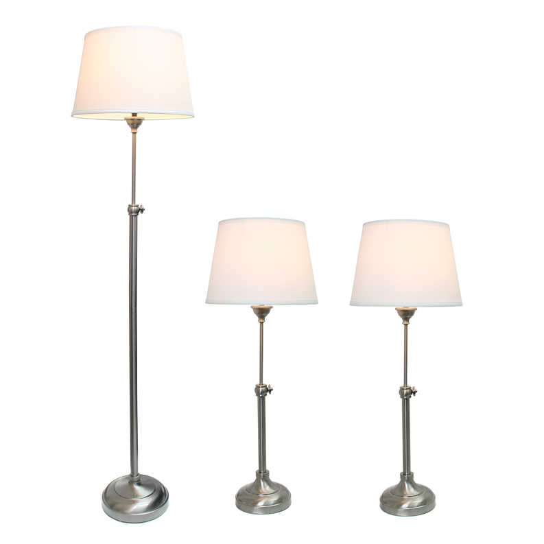 Modern lamp set with white shades and brushed metal stems; one floor lamp and two table lamps