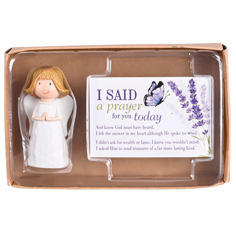 Angel figurine gift set in clear case with printed prayer card and butterfly