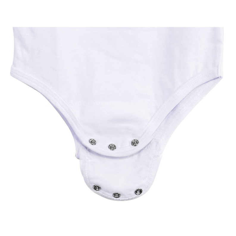 White baby bodysuit bottom with snap closure and gathered fabric