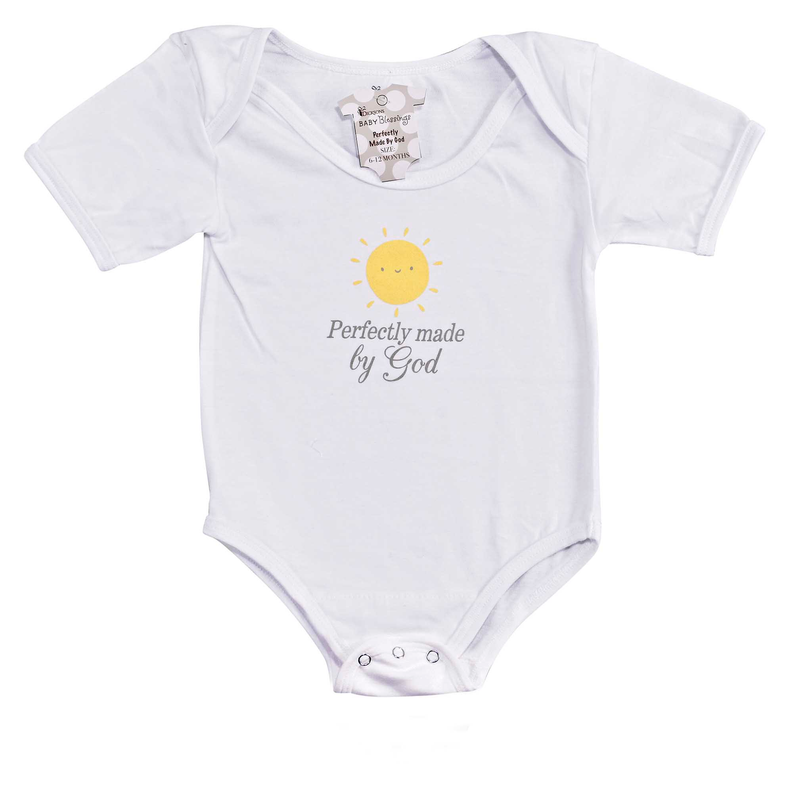 White baby bodysuit with sun graphic and 'Perfectly made by God' text