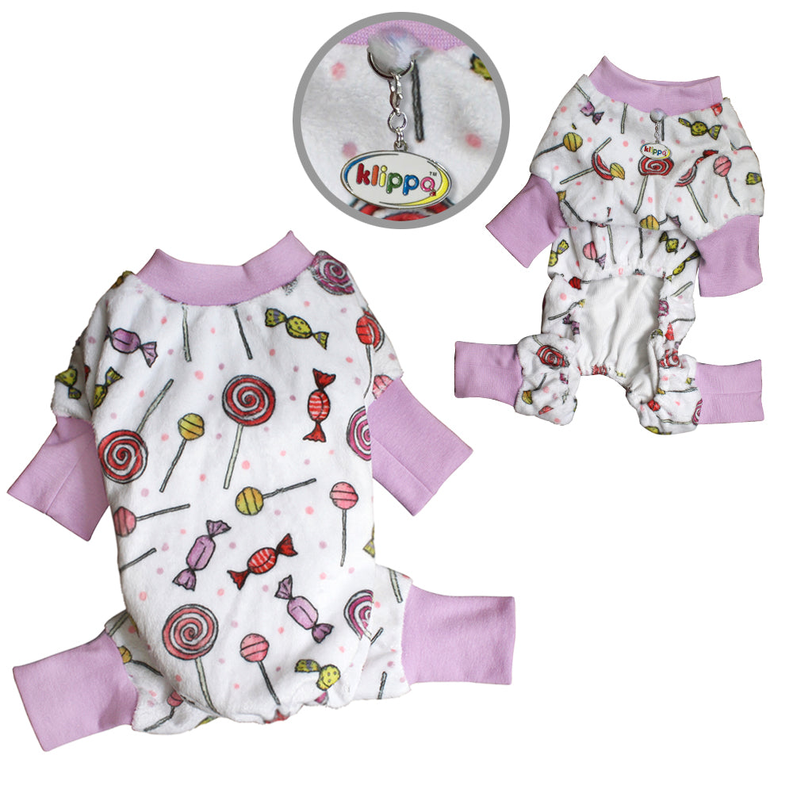 White plush pajama romper with colorful candy print and lavender cuffs