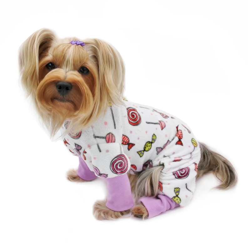 White plush pet pajama with candy graphics and lavender cuffs, long sleeves