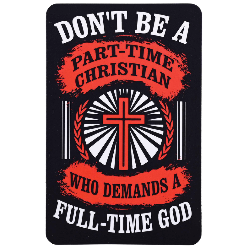 Pocketcard with bold cross graphic and red quote text on a dark background