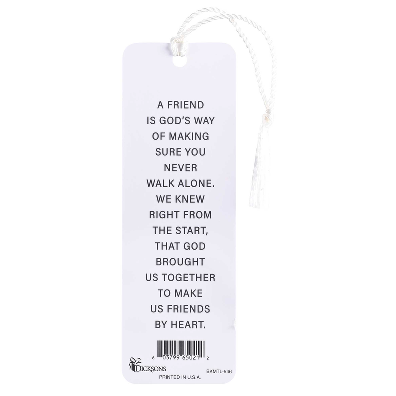 White tassel bookmark with “A friend is God’s way…” quote and hanging string