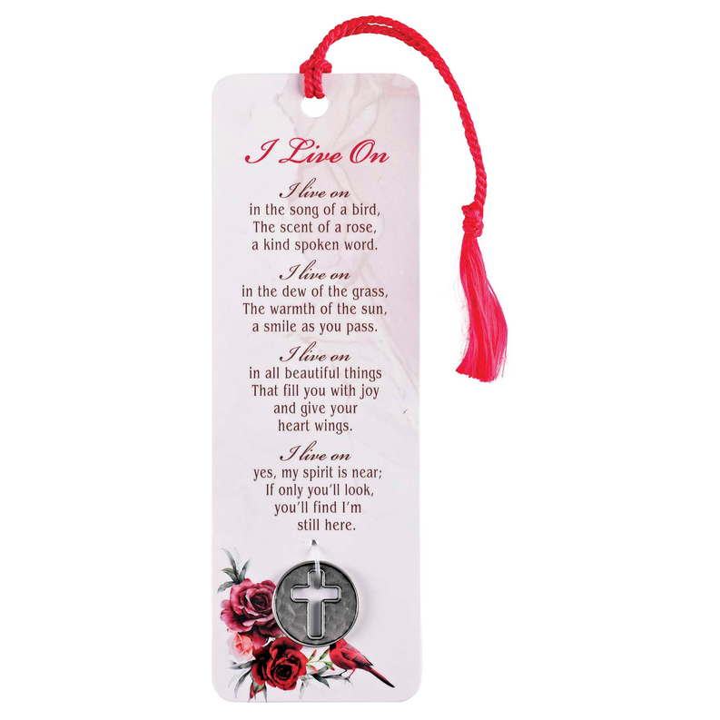 Cardinal coin bookmark with red tassel, cross charm, and floral verse tag