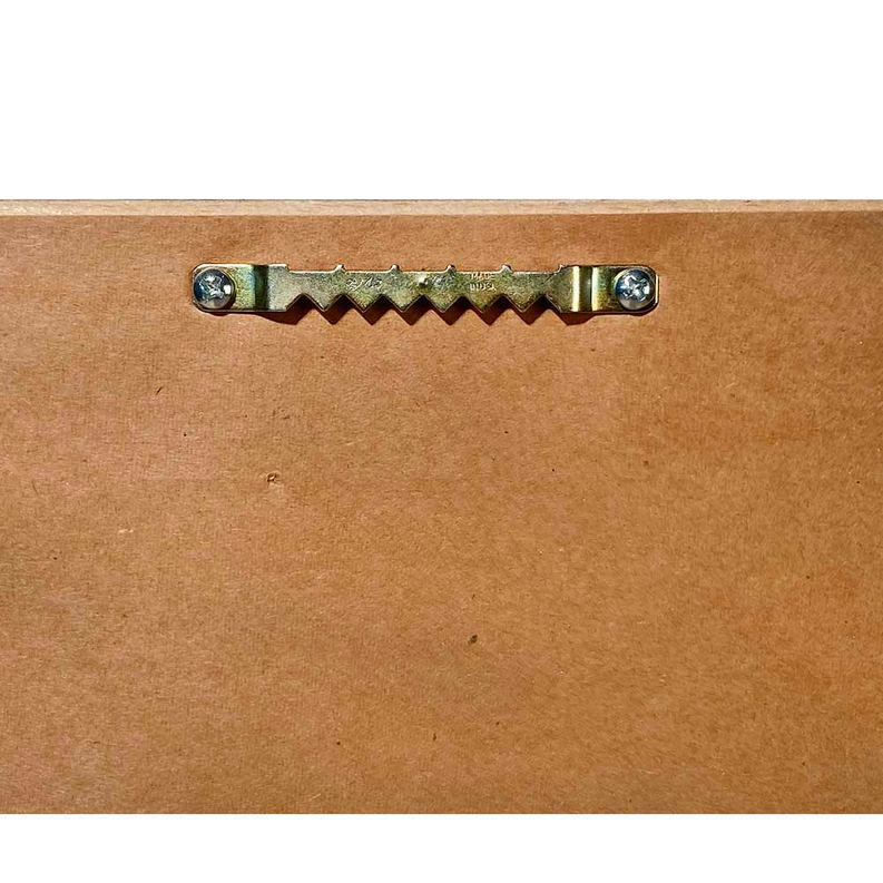 Framed wall art back clasp with gold metal mounting on brown board