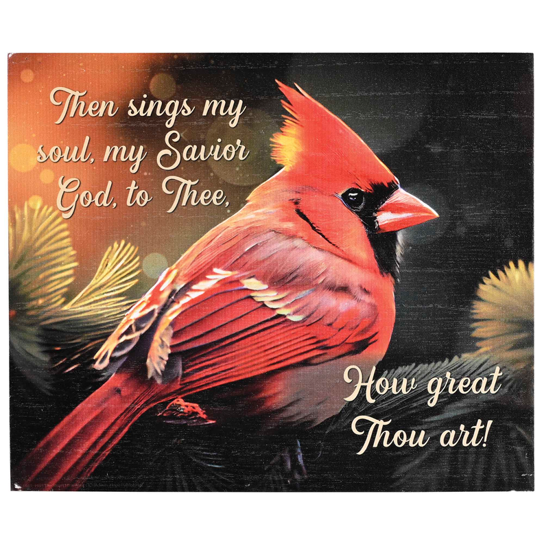 Tabletop plaque close-up of red cardinal with script verse text