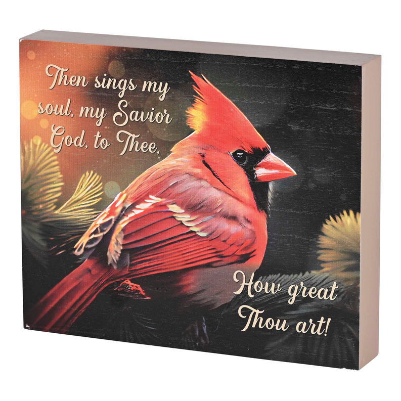 Tabletop plaque with red cardinal artwork and decorative script verse text