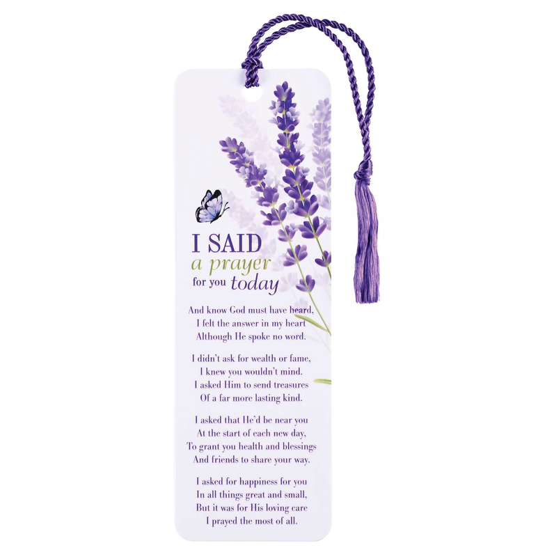 Lavender tassel bookmark with floral verse front and quote text