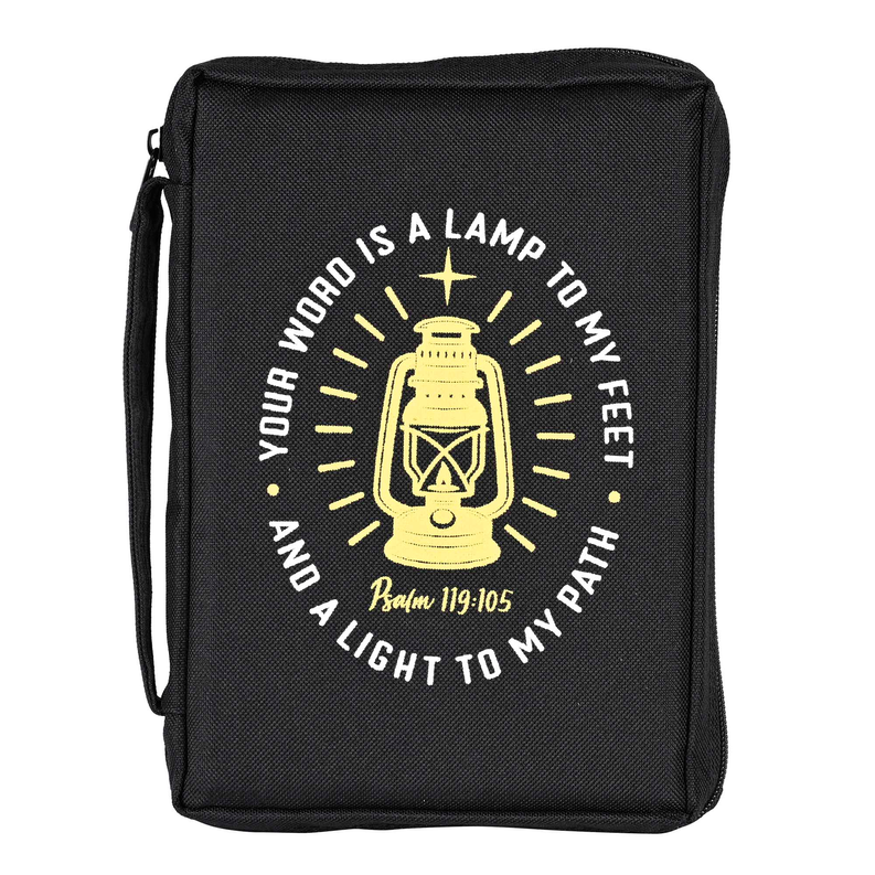 Medium black Bible case with front lamp quote graphic and zipper closure