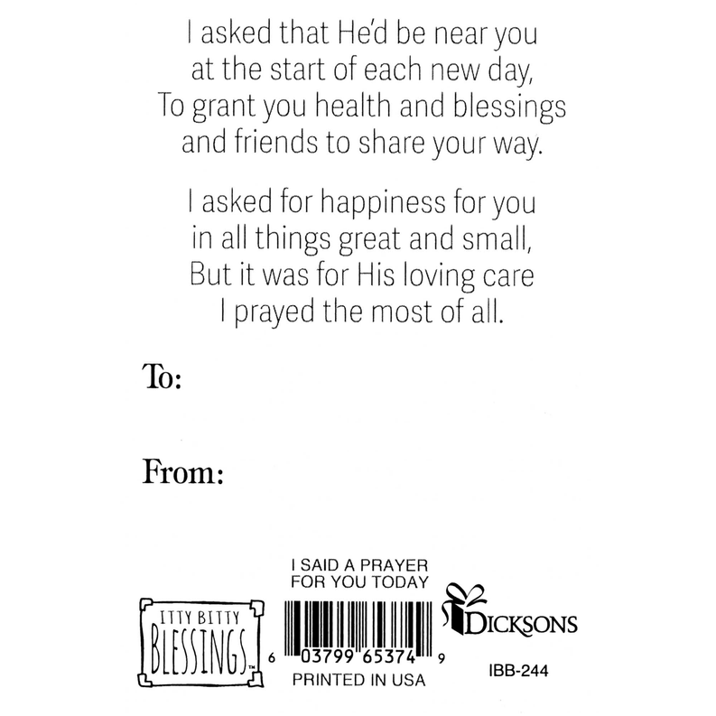 Angel figurine prayer card insert with blessing message and bar code