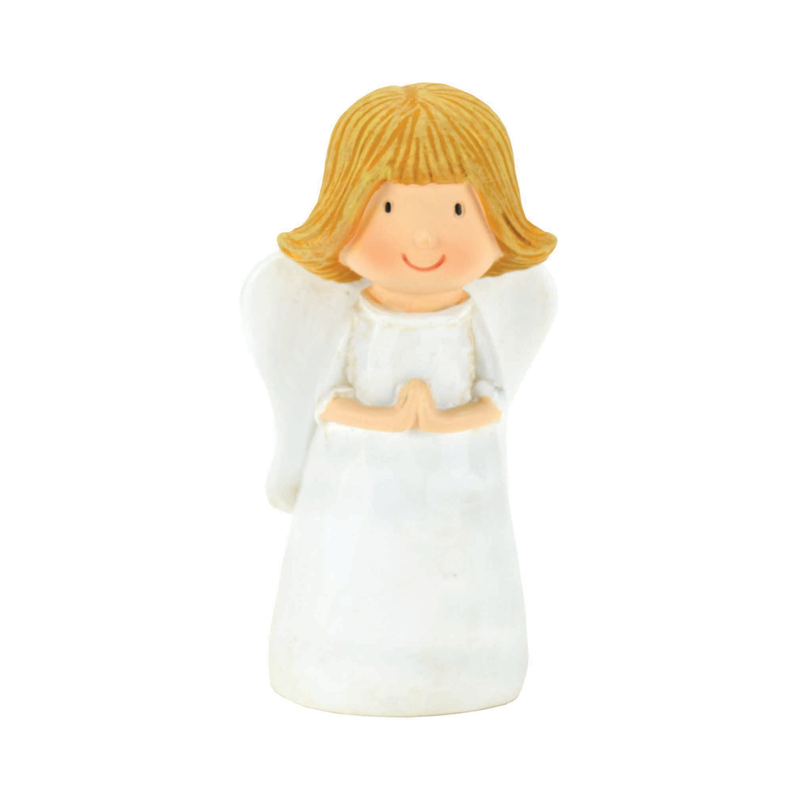 Angel figurine of a praying child in white dress with blonde hair