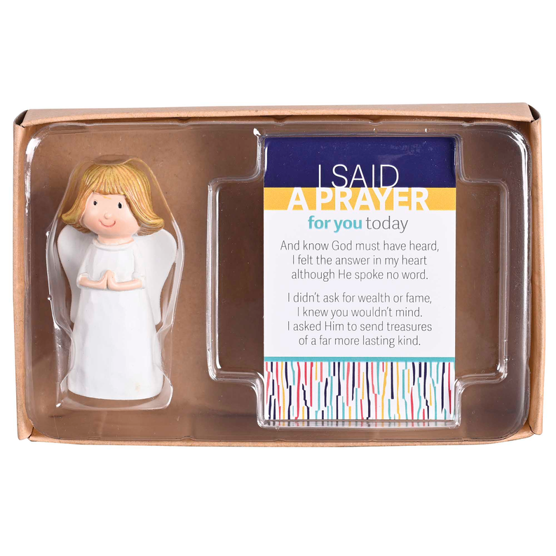Angel figurine gift box with blonde praying figure and "I SAID A PRAYER" card