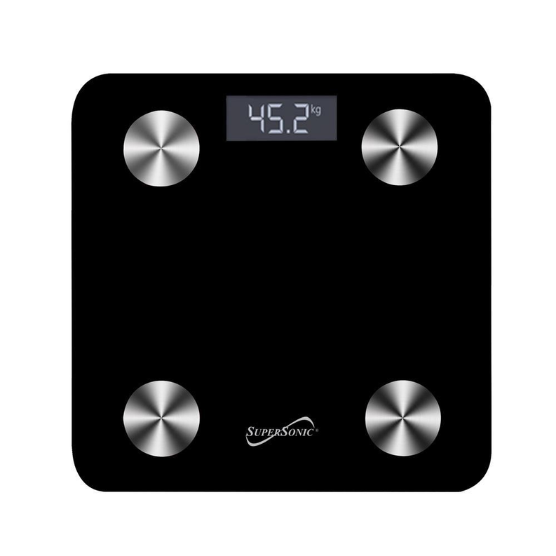Black smart body composition scale with LCD reading 49.2 kg and four silver sensors