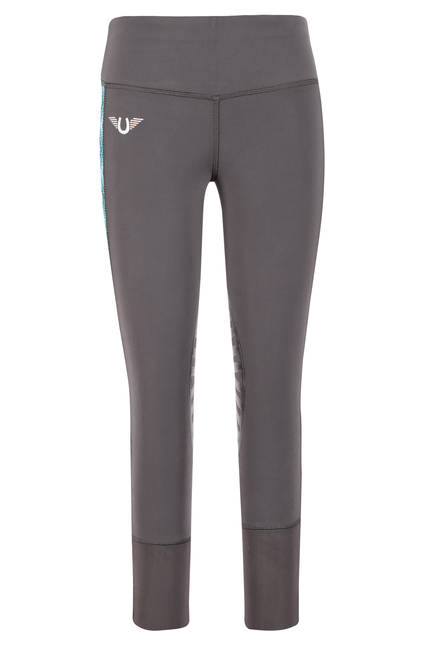 Children's charcoal riding tights with small U logo at hip and stitched waistband