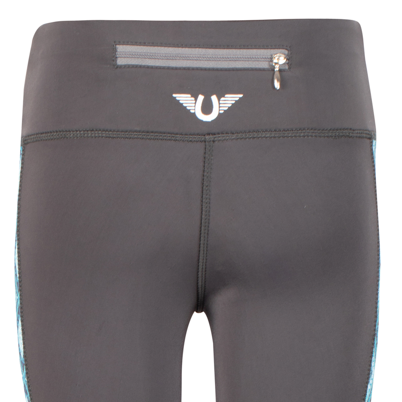 Children's charcoal riding tights with U logo and front waist zipper detail