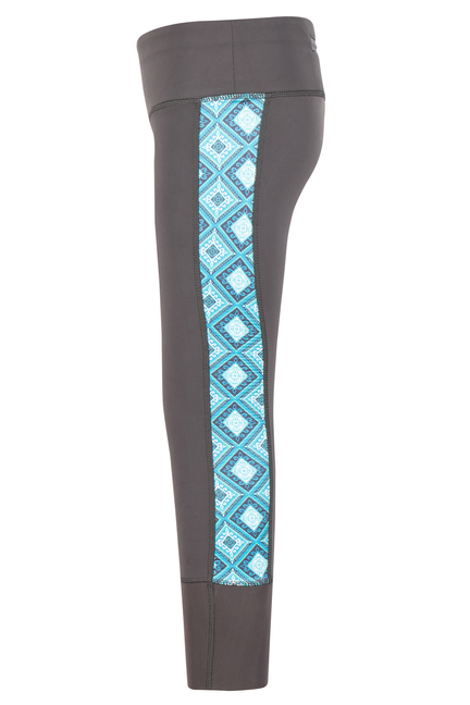 Children's charcoal riding tights with vertical blue geometric print side panel