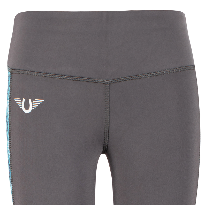 Children's charcoal riding tights with detailed stitched waistband and hip logo