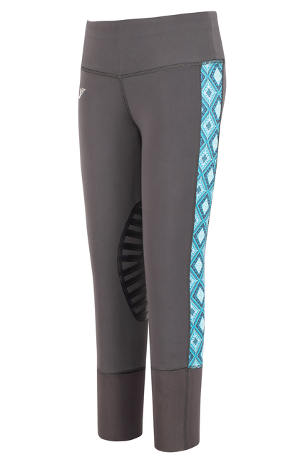 Children's charcoal riding tights with blue side print panel and black inner grip design