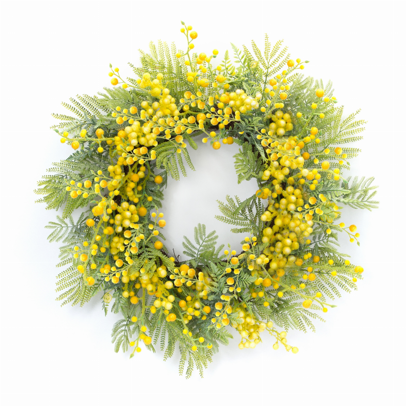 27-inch plastic wreath with green fern fronds and yellow mimosa-style blossoms