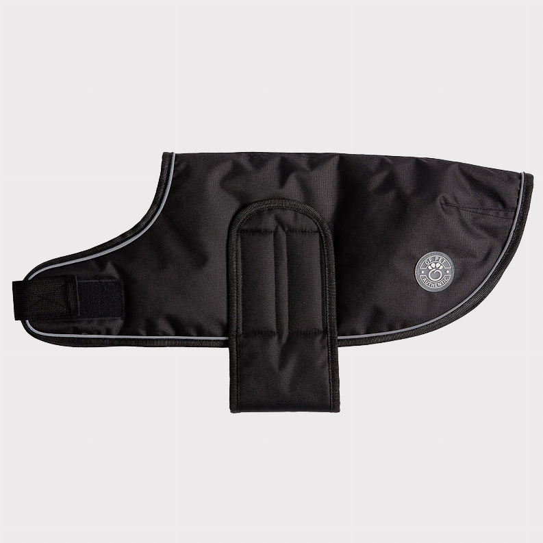 Black dog blanket jacket panel with chest strap, stitched padding, and round logo