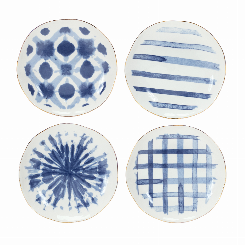 Ceramic dessert plates set of 4, 7-inch round, blue geometric patterns