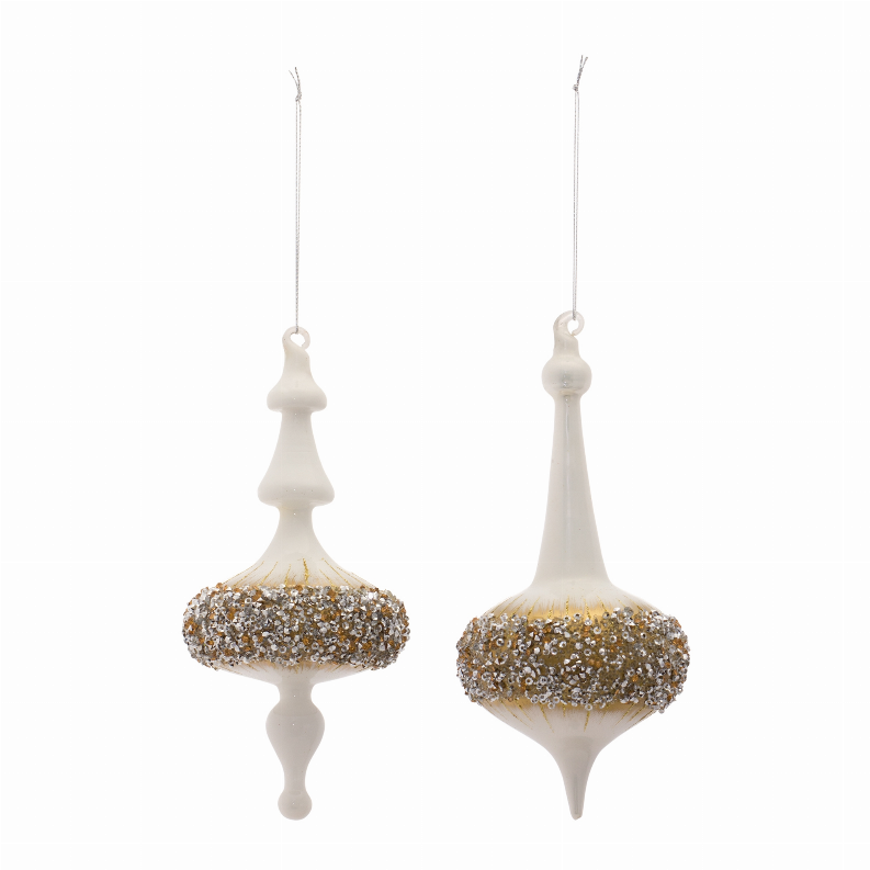 Glass finial ornaments set of 6, white with gold glitter, hanging loop caps