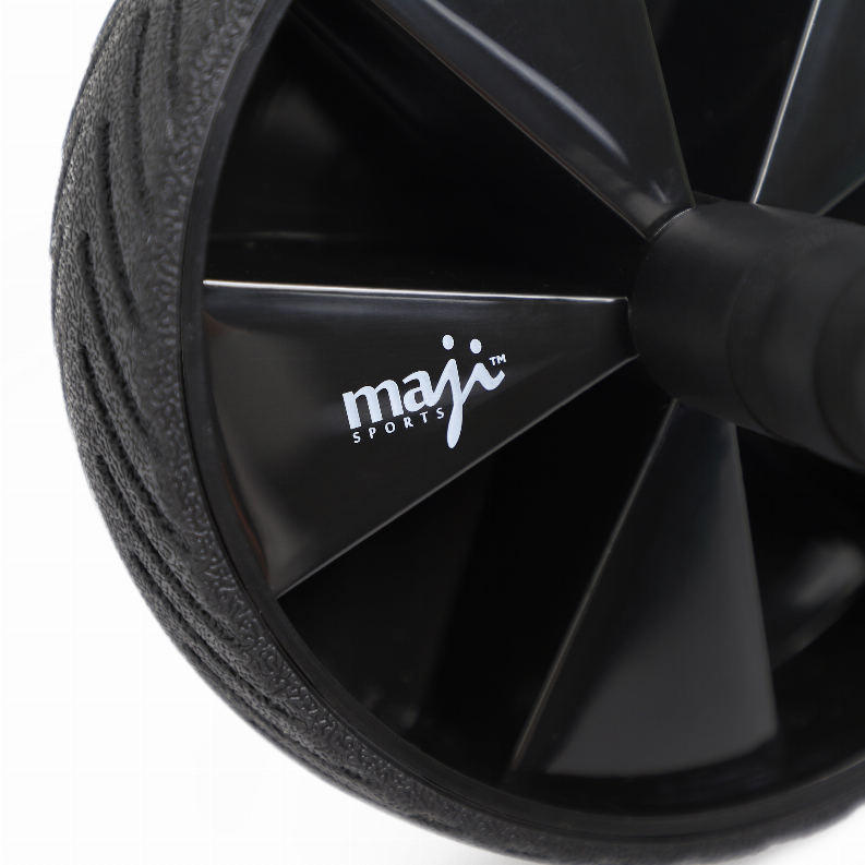 Black ab wheel with textured gray grip, molded handle, and maix sports logo