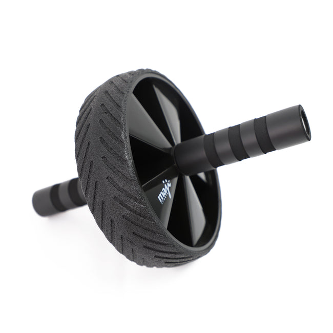 Ab workout wheel with textured gray tire and two foam handles